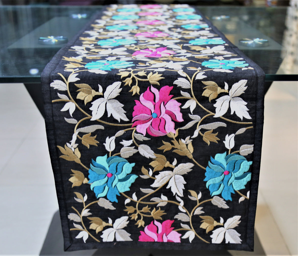 Purple Embroidered Dupion Silk Table Runner 13 X 90 inch front view