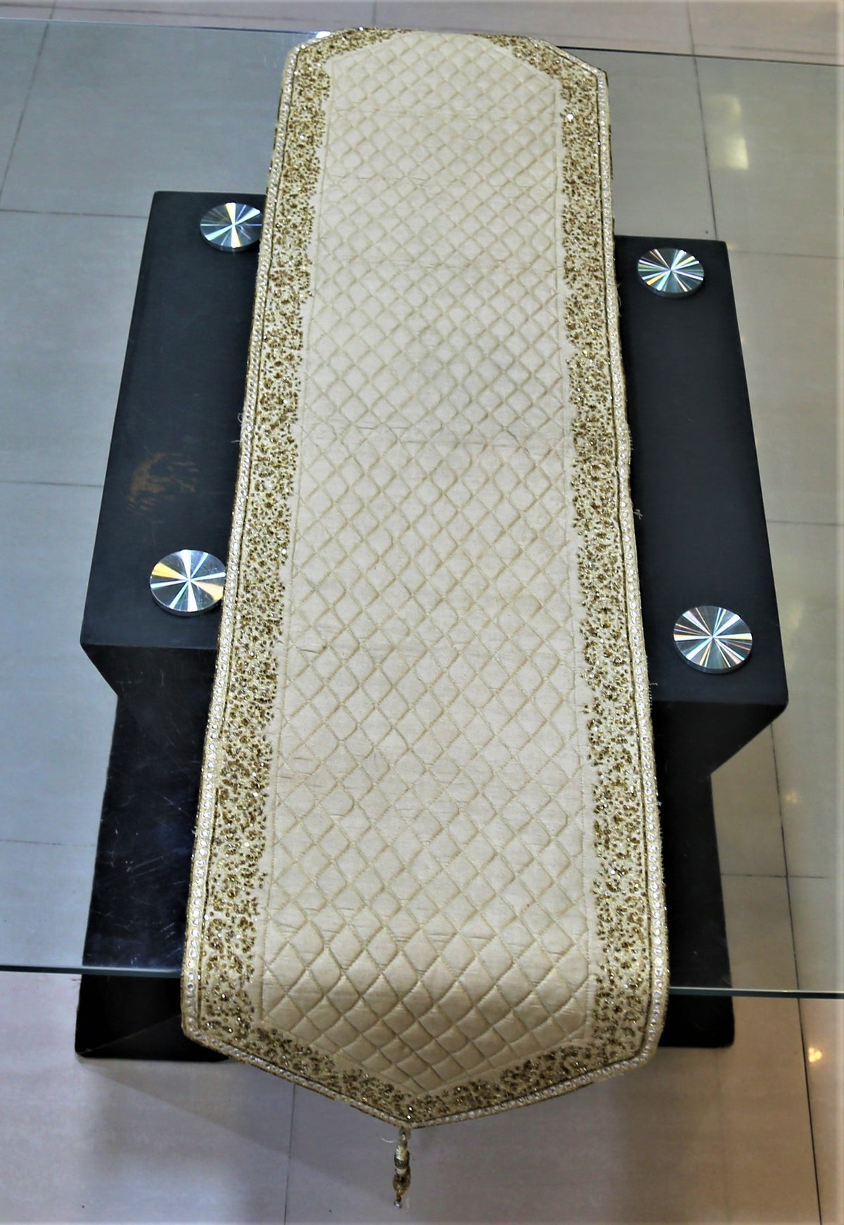 Zari Embroidery(14 X 60 Inch) Table Runner(Beige)-Dupion Silk - Jagdish Store Online Since 1965