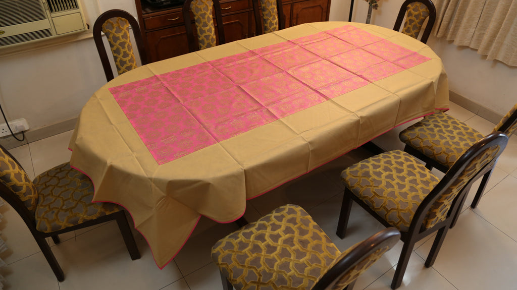 Foil Printed(60x108 Inch)Table Cover(Pink/Beige)-Non Woven - Jagdish Store Online Since 1965