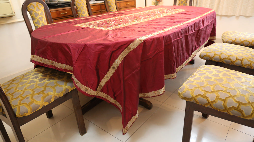 Embroidery+Tissue Border(60x108 Inch)Table Cover(Maroon)-Silk - Jagdish Store Online Since 1965