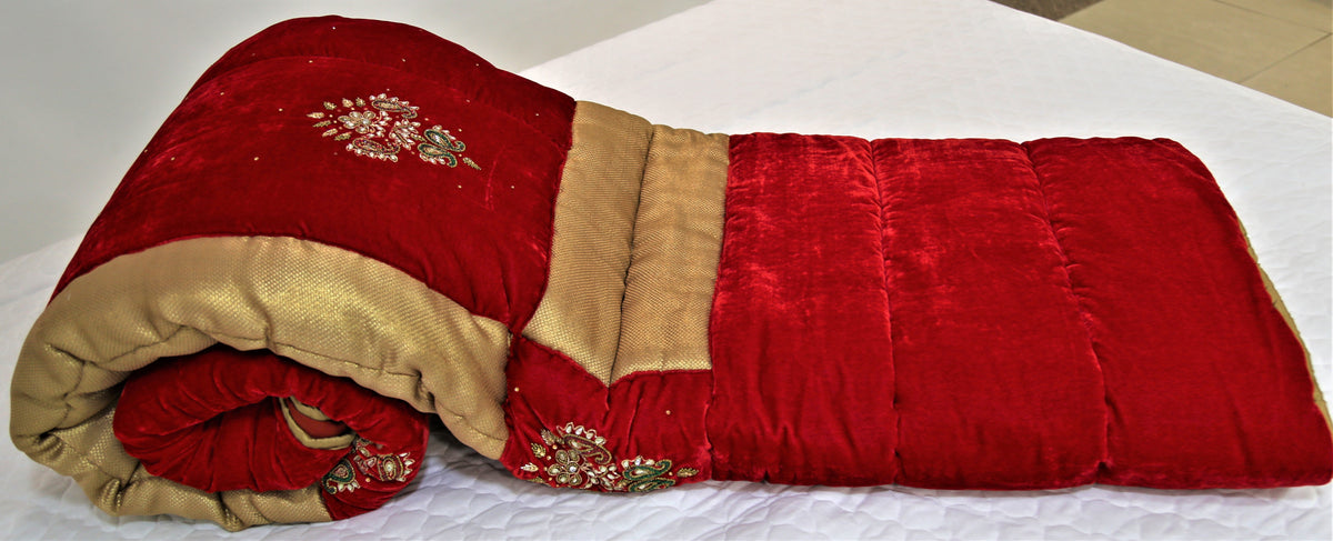 Stone Work(Red/Gold) Velvet Quilt (90x108 Inch)-400 GSM - Jagdish Store Online Since 1965