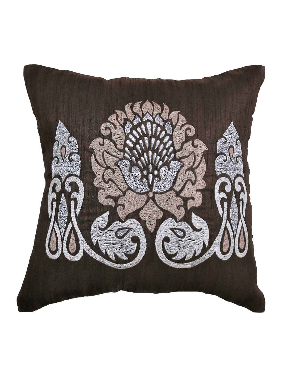 Dark brown cushion cover with a large silver and taupe floral medallion embroidery