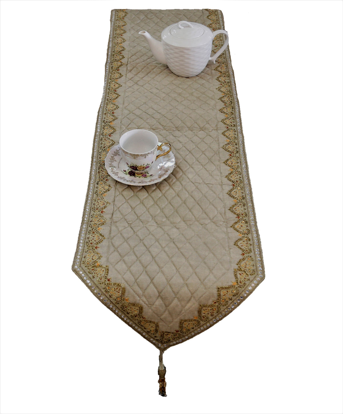 Beige Sequin Work Polysilk Table Runner 13 X 72 inch front view