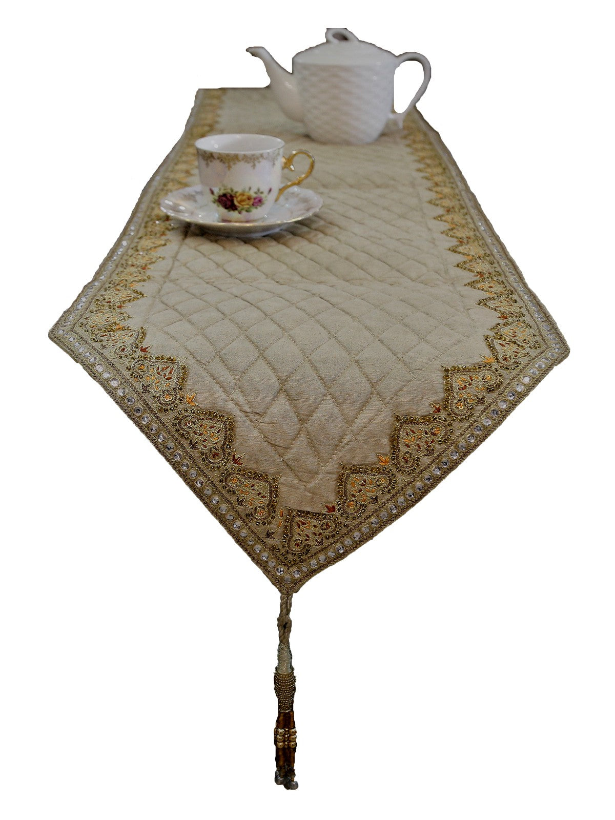 Beige Sequin Work Polysilk Table Runner 13 X 72 inch front view