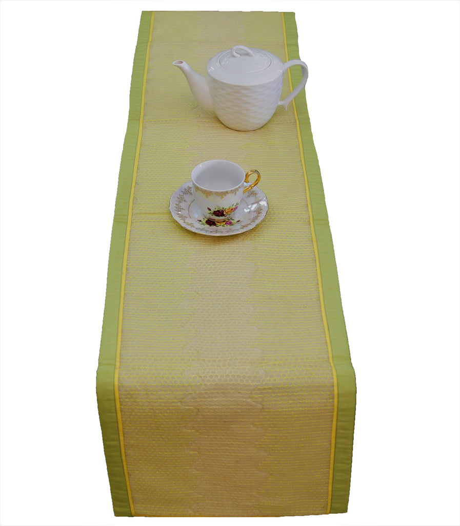 Tiny Shatcoin + Piping(13 X 72 Inch) Table Runner(P.Green/Yellow)-Dupion Silk - Jagdish Store Online Since 1965