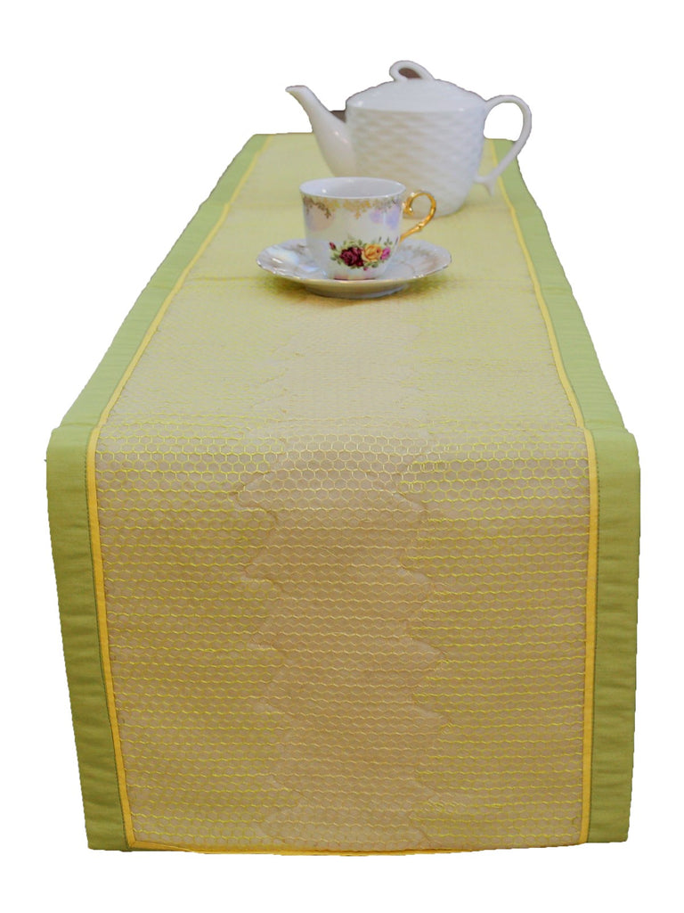 Tiny Shatcoin + Piping(13 X 72 Inch) Table Runner(P.Green/Yellow)-Dupion Silk - Jagdish Store Online Since 1965