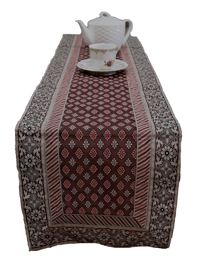 Brocade Table Runner(Brown/Red)-Polysilk - Jagdish Store Online Since 1965