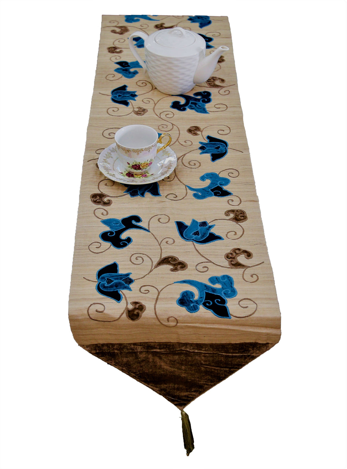 Beige Patchwork Velvet Table Runner 13 X 108 inch front view