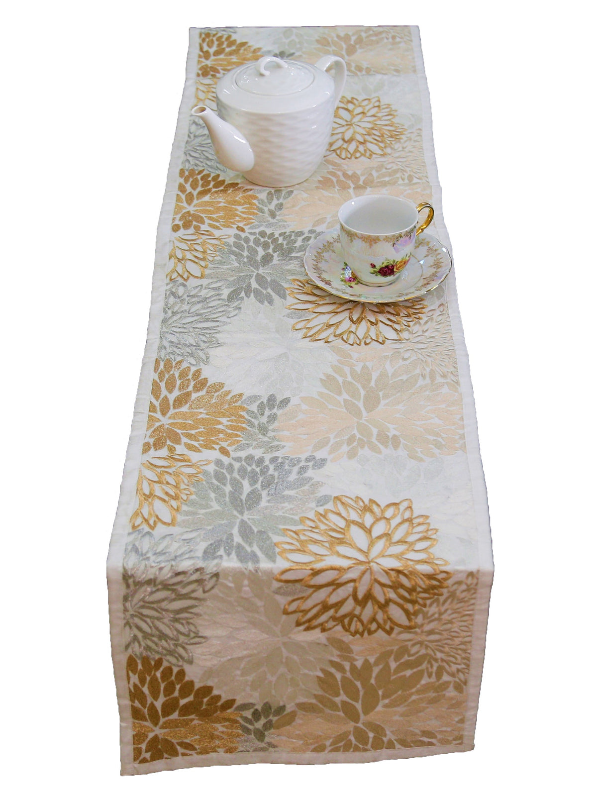 Beige Embroidered Dupion Silk Table Runner 12 X 90 inch front view