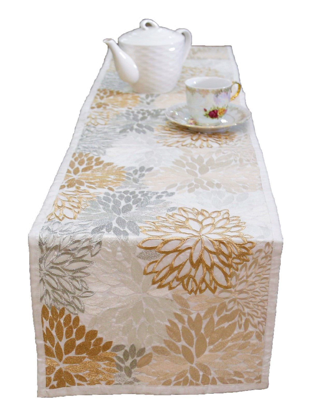 Beige Embroidered Dupion Silk Table Runner 12 X 90 inch front view