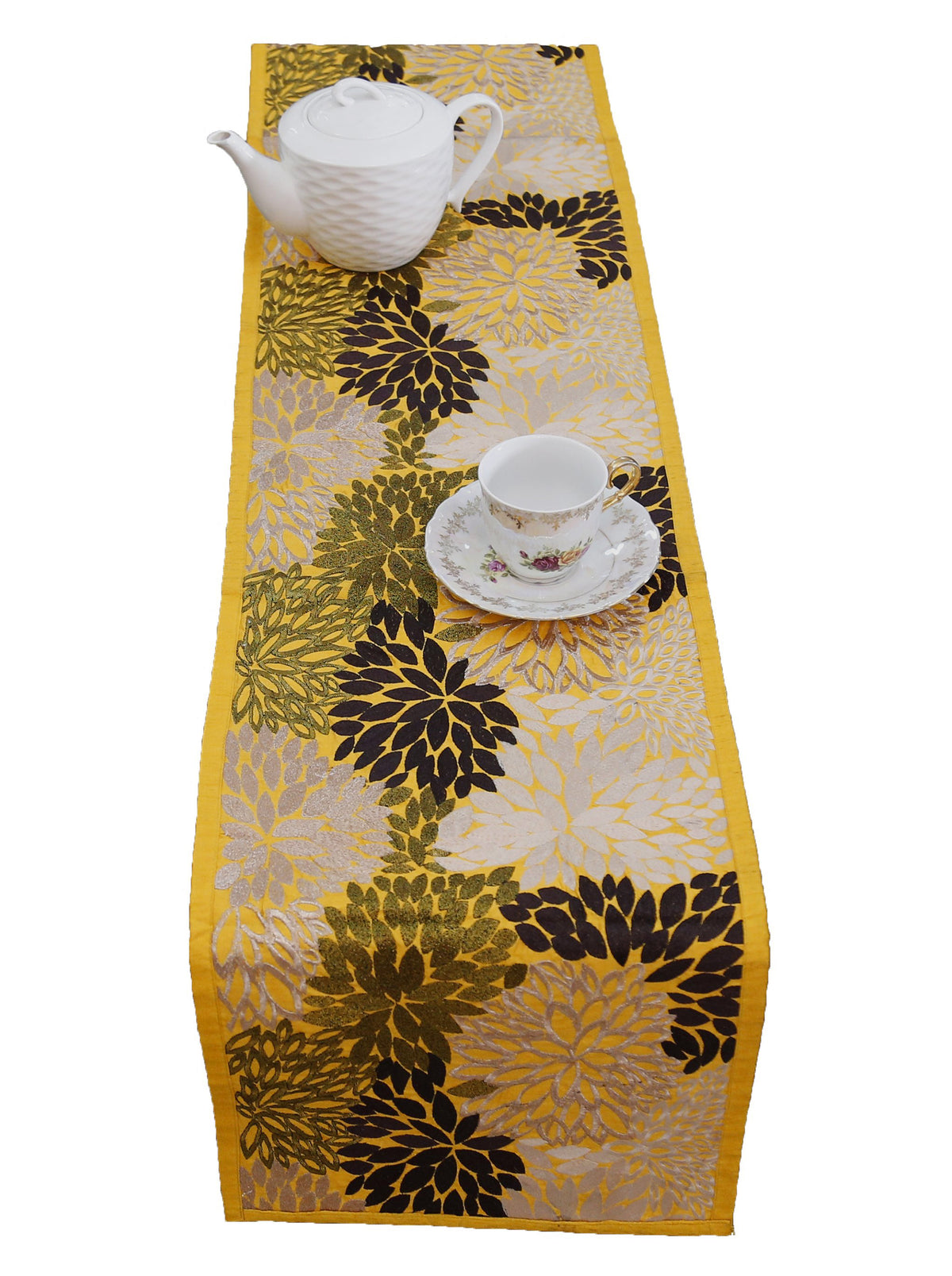 Yellow Embroidered Dupion Silk Table Runner 13 X 90 inch front view