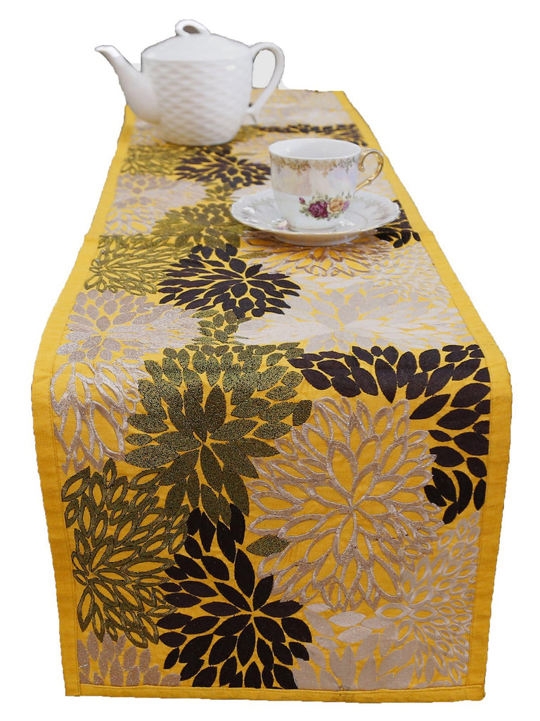 Embroidery(13 X 90 Inch) Table Runner(Yellow)-Dupion Silk - Jagdish Store Online Since 1965