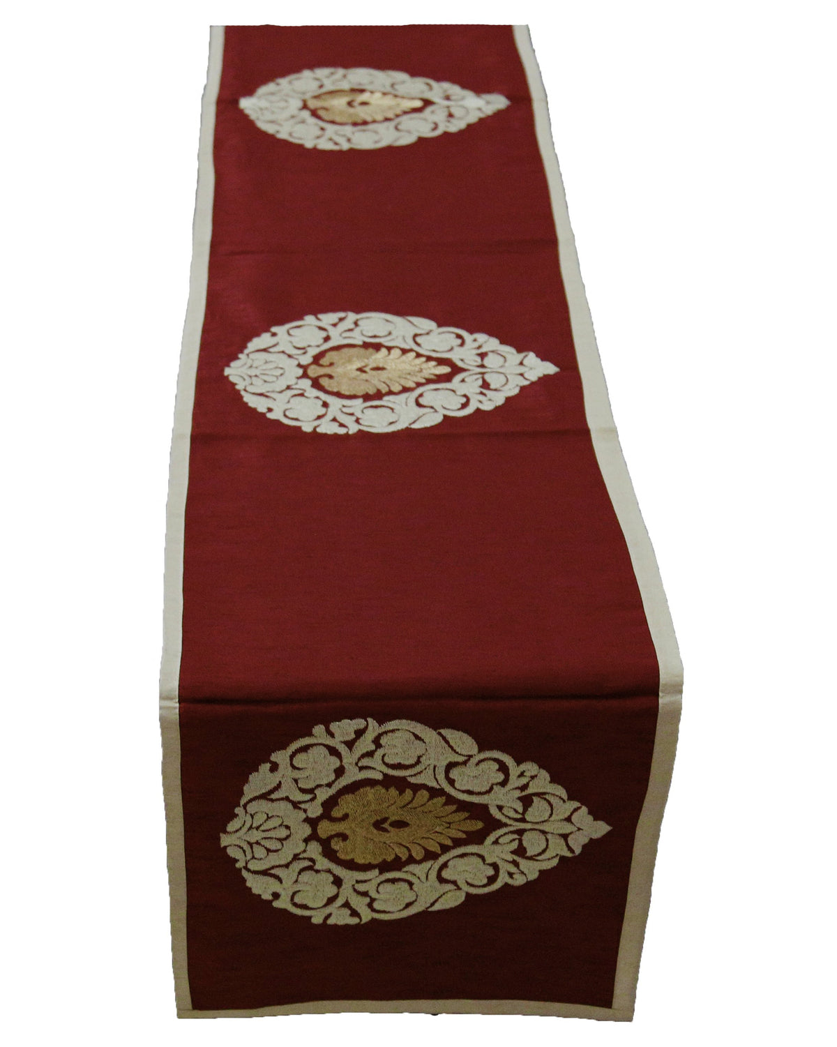 Beige Embroidered Dupion Silk Table Runner 12 X 90 inch front view