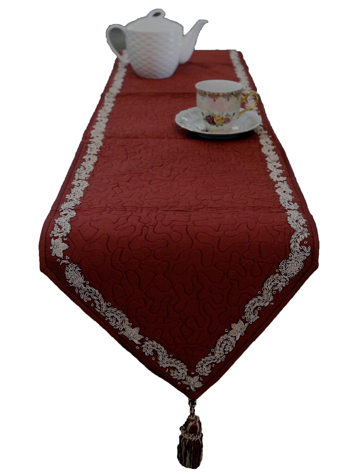 Maroon Water Filling Stitch Polysilk Table Runner 13 X 90 inch front view
