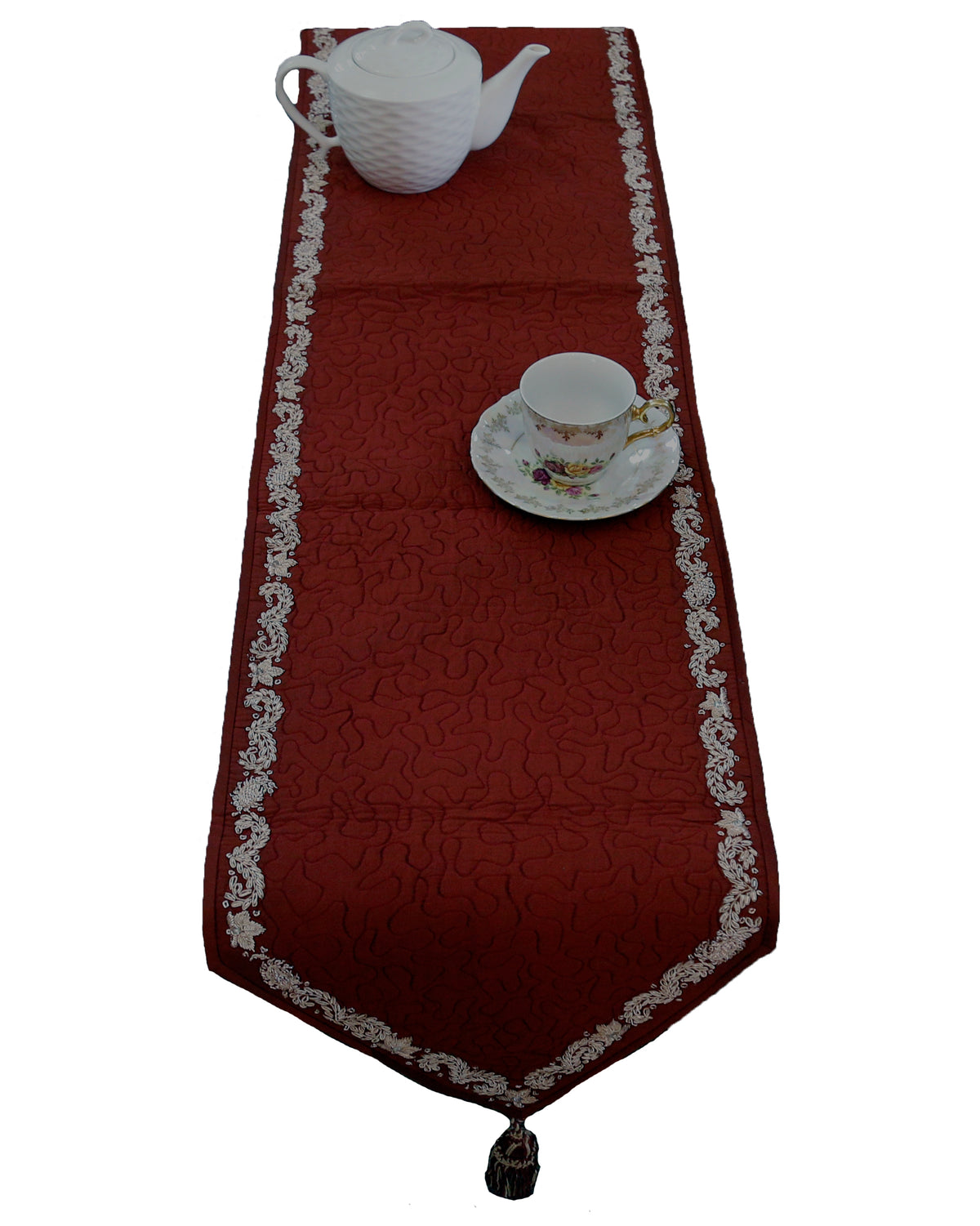 Maroon Water Filling Stitch Polysilk Table Runner 13 X 90 inch front view