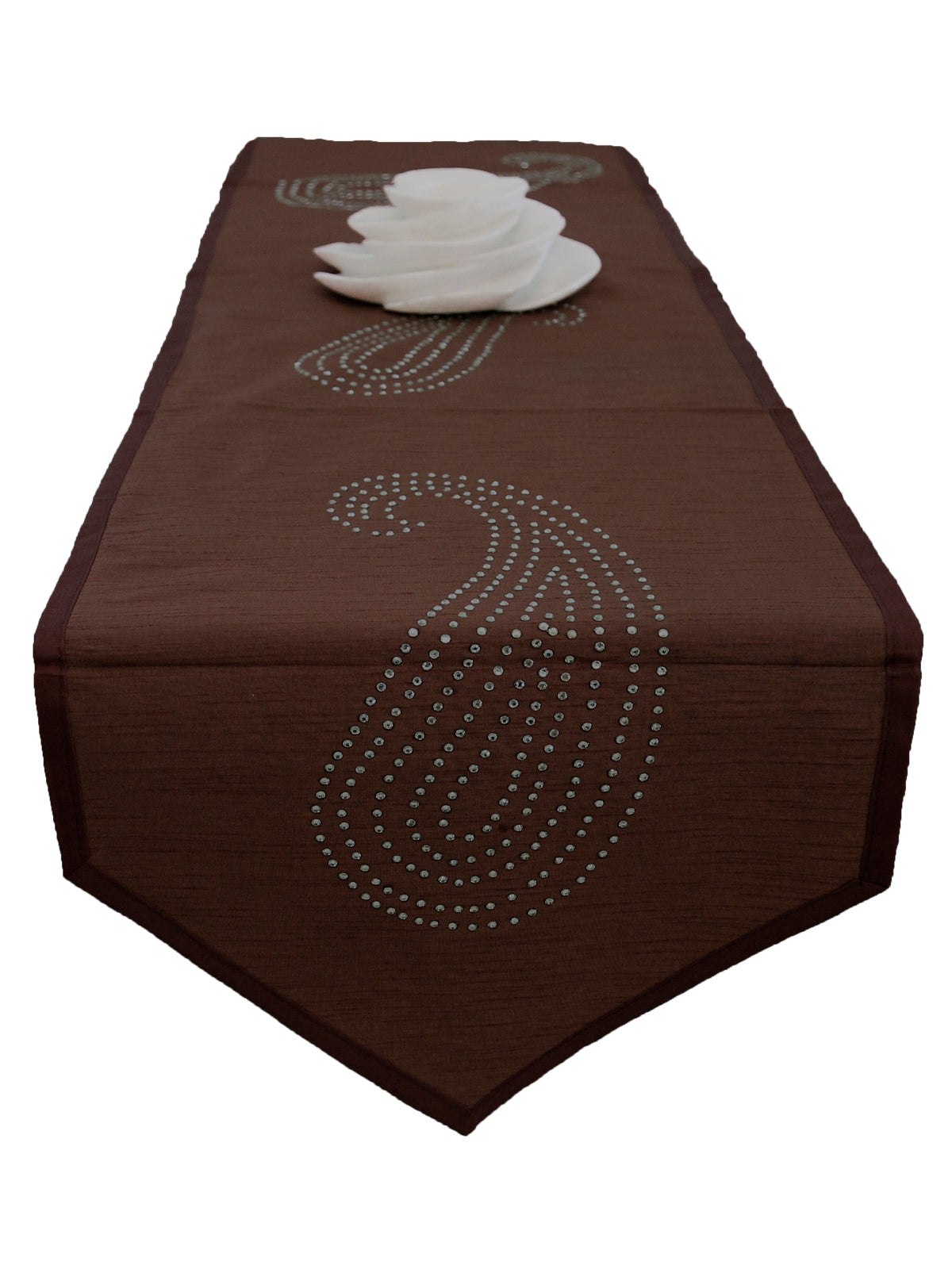 Brown Sequin Work Dupion Silk Table Runner 14x108 inch front view
