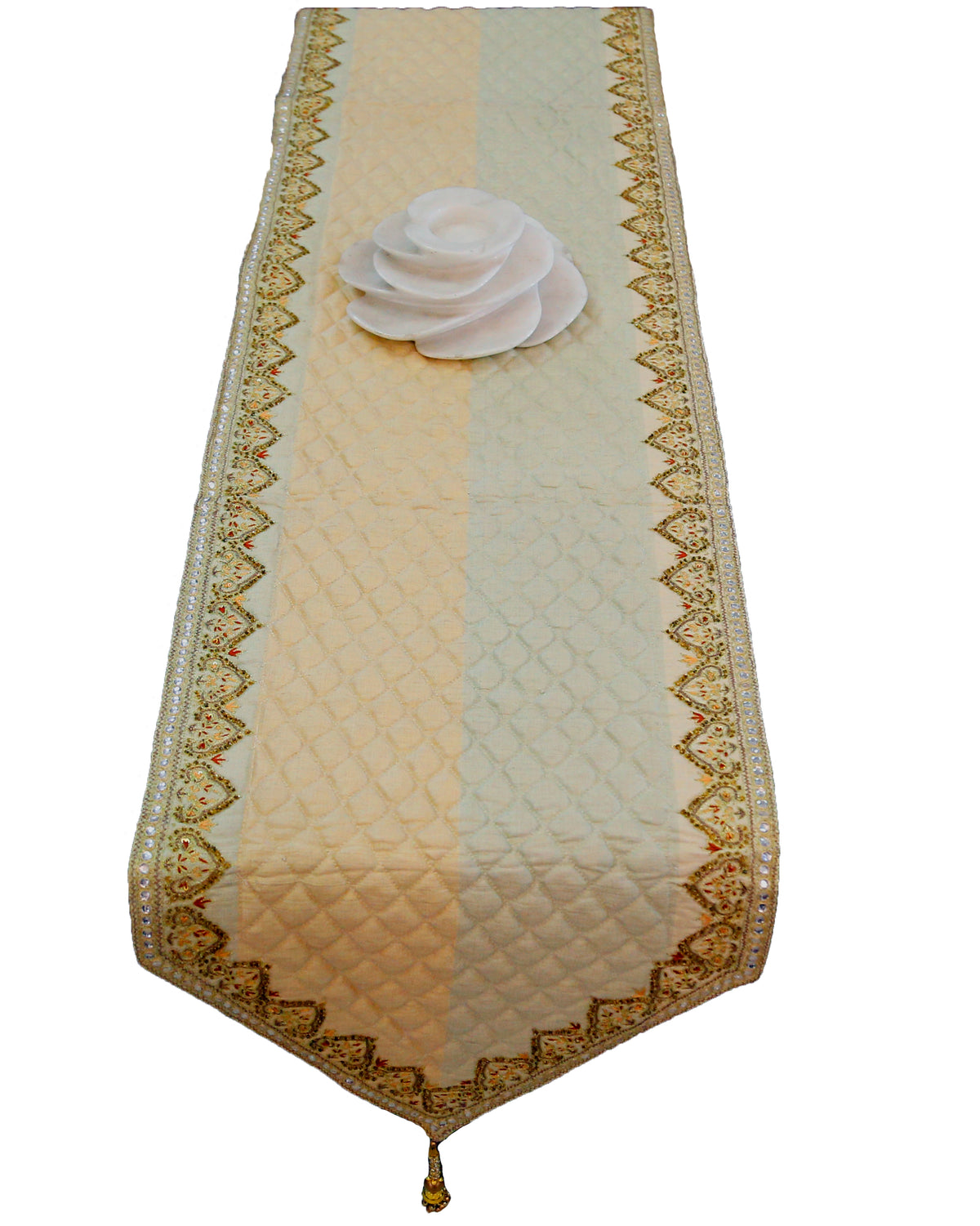 Green Sequin Work Dupion Silk Table Runner 14 X 90 inch front view