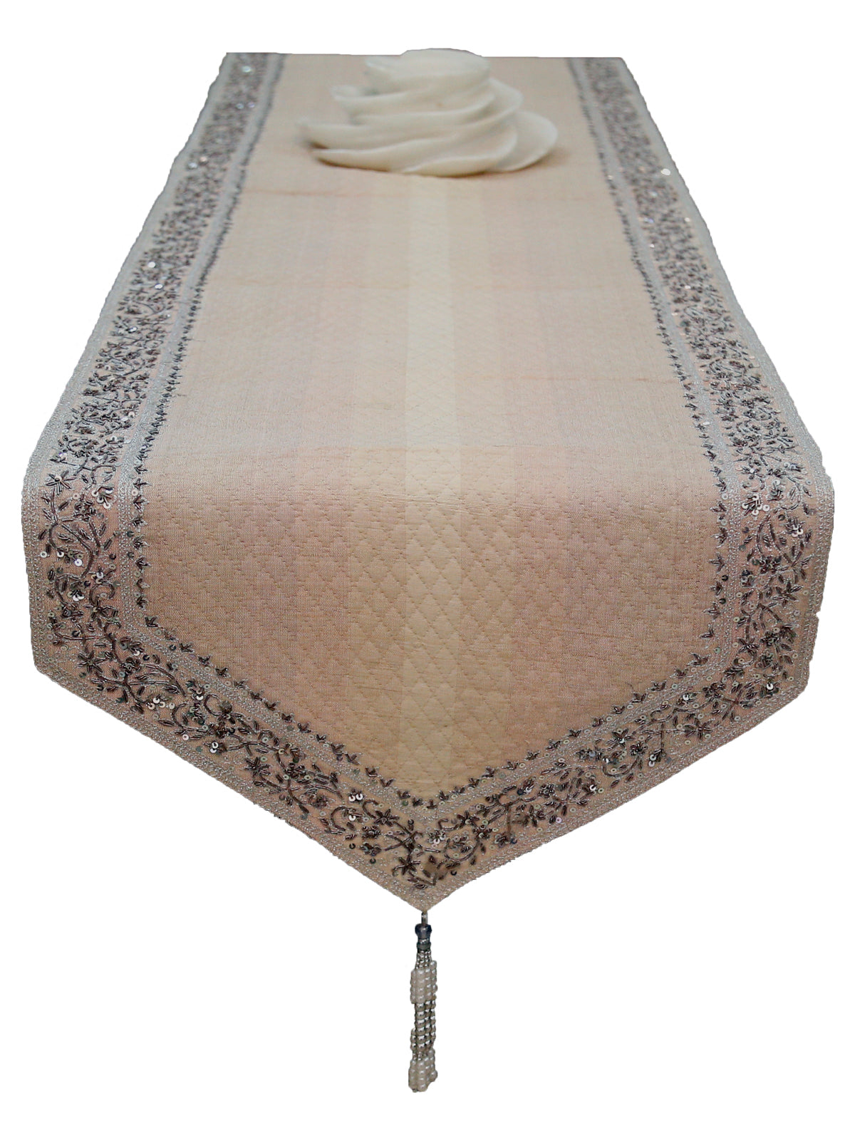 Beige Sequin Work Dupion Silk Table Runner 14 X 90 inch front view