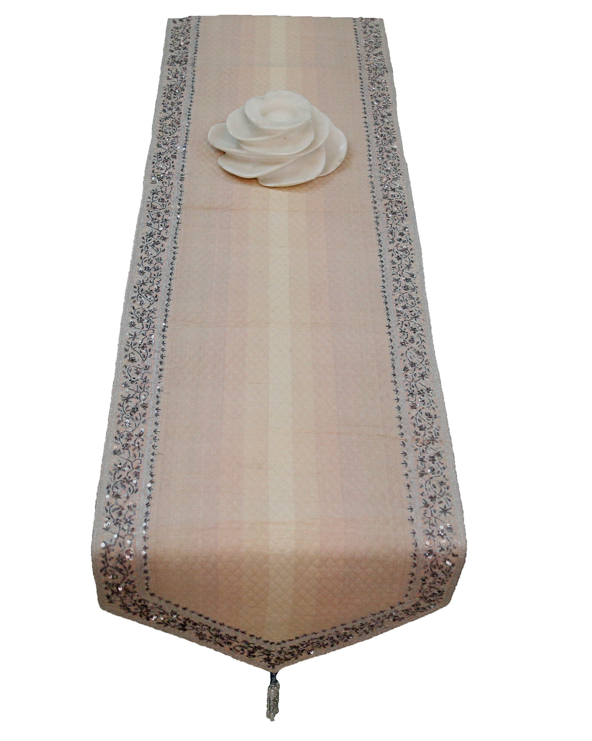 Beige Sequin Work Dupion Silk Table Runner 14 X 90 inch front view