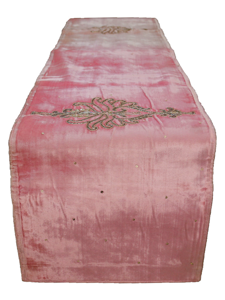 Zardozi Work (13 X 90 Inch) Table Runner(Pink)-Velvet - Jagdish Store Online Since 1965