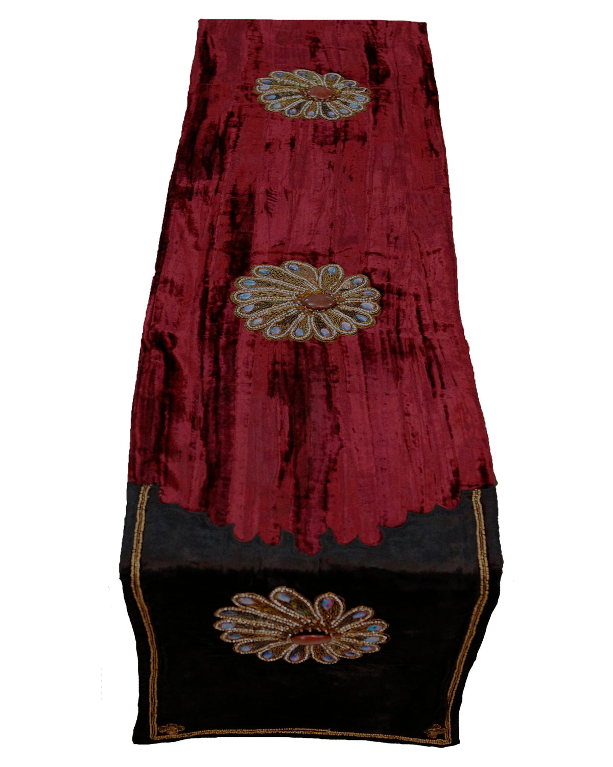 Black Zardozi Work Velvet Table Runner 13 X 90 inch front view
