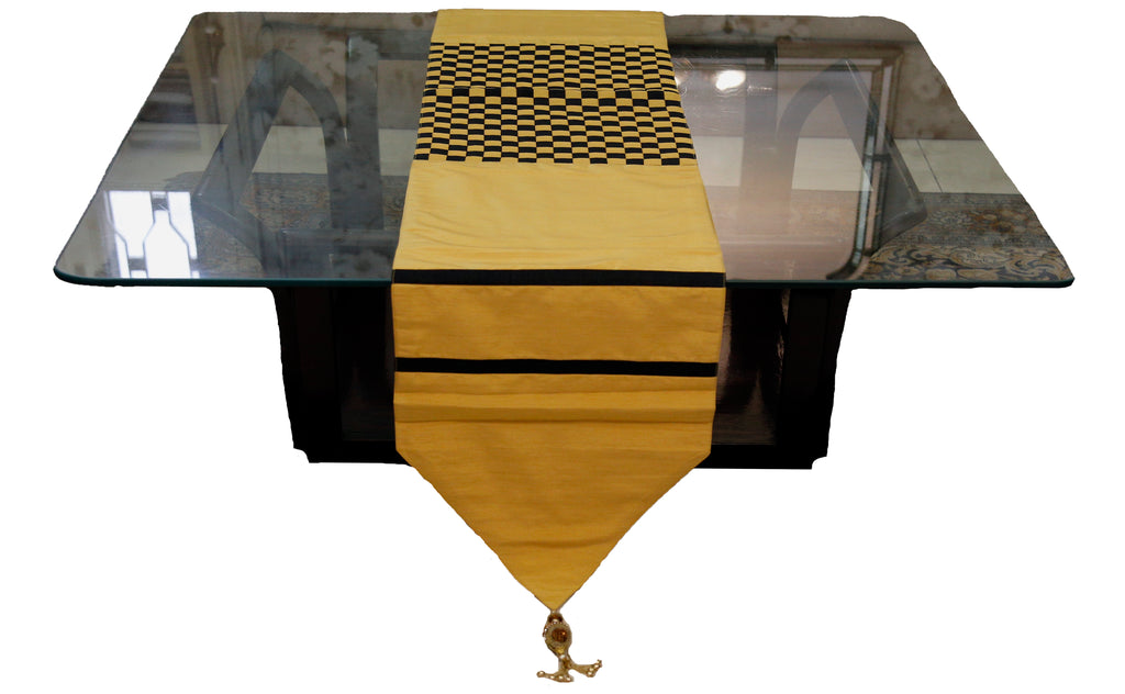 Checkered + Tussle (13 X 90 Inch) Table Runner(Gold/Black)-Dupion Silk - Jagdish Store Online Since 1965