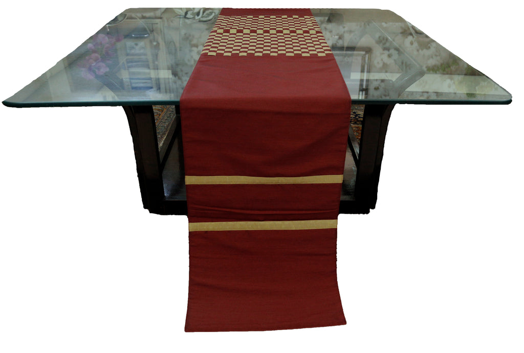 Checkered (13 X 90 Inch) Table Runner(Maroon/Green)-Dupion Silk - Jagdish Store Online Since 1965