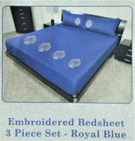 Embroidery Royal Blue Double Bedsheet with 2 Pillow Covers