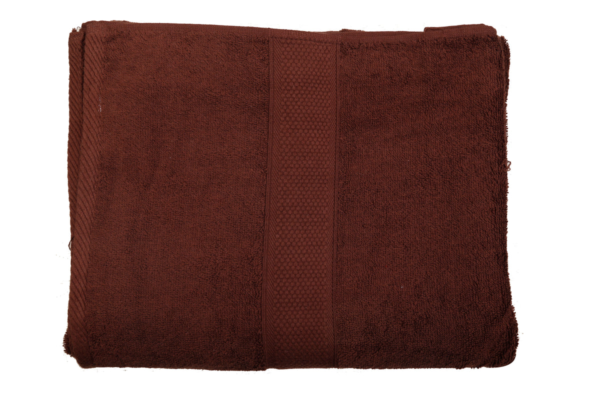 Rich chocolate-brown cotton bath towel, close-up flat view showing the honeycomb woven border