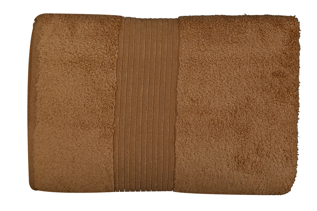 Warm tan-brown cotton bath towel, close-up rolled view showing the ribbed woven border