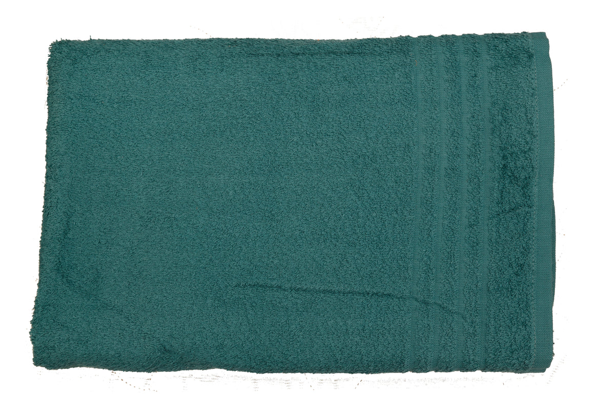 Deep teal-green cotton bath towel, close-up flat view showing a subtle woven border stripe