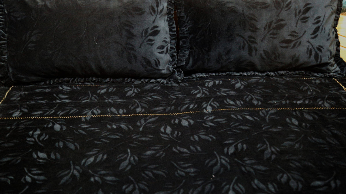 Close-up of the embossed leaf pattern on the black fabric