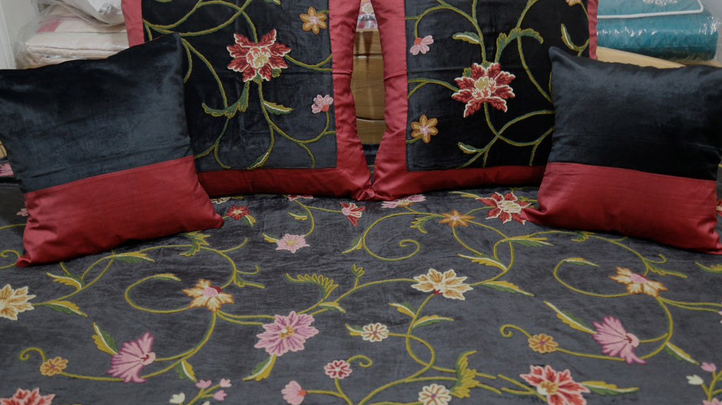 Kashmiri Embroidered Velvet BedCover Set-(1 bedcover+ 4 Cushion Covers) - Jagdish Store Online Since 1965