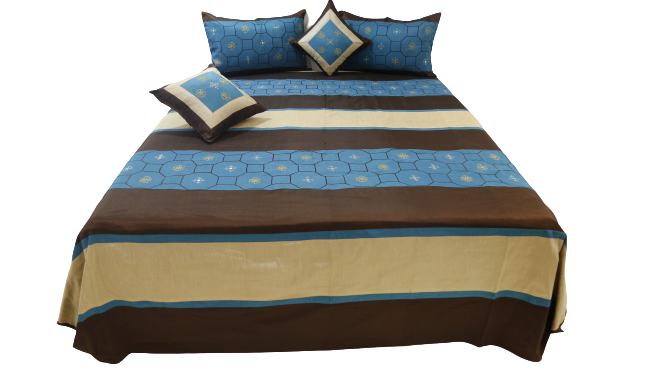 Blue and brown striped dupion silk bedcover set made up on a double bed, cut out on white