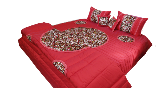 Round Flower Embroidery Wedding Set-(1 bedcover+ 1 Quilt + 2 Pillow Covers + 2 Filled Cushion) - Jagdish Store Online 