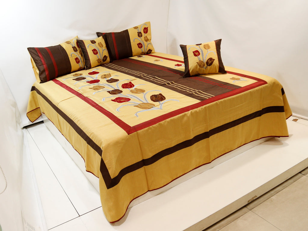 Embroidery  Dupion Silk BedCover Set-(1 bedcover+ 2 Pillow Covers + 2 Cushion Covers) - Jagdish Store Online Since 1965