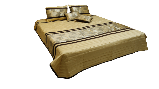 Gold striped poly silk bedcover with a leaf-print band and matching shams, Silk Ambi