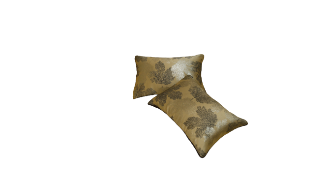 Two gold poly silk cushion covers with a brown leaf motif, Silk Ambi