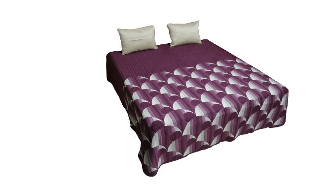 Purple fan-scallop bedcover folded to show its plain purple reverse, Lupe