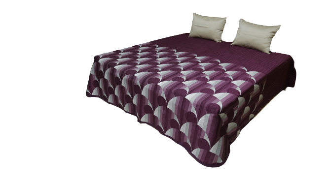 Purple and white fan-scallop bedcover across a double bed, Lupe