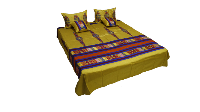 Mustard poly silk bedcover with a multicolour patchwork band, Rosario Premium
