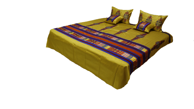 Mustard bedcover with the patchwork band across the foot, Rosario Premium