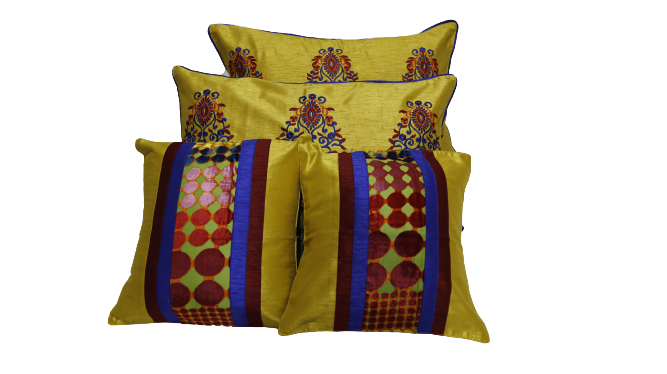 Mustard cushion covers with red and blue circle patchwork, Rosario Premium
