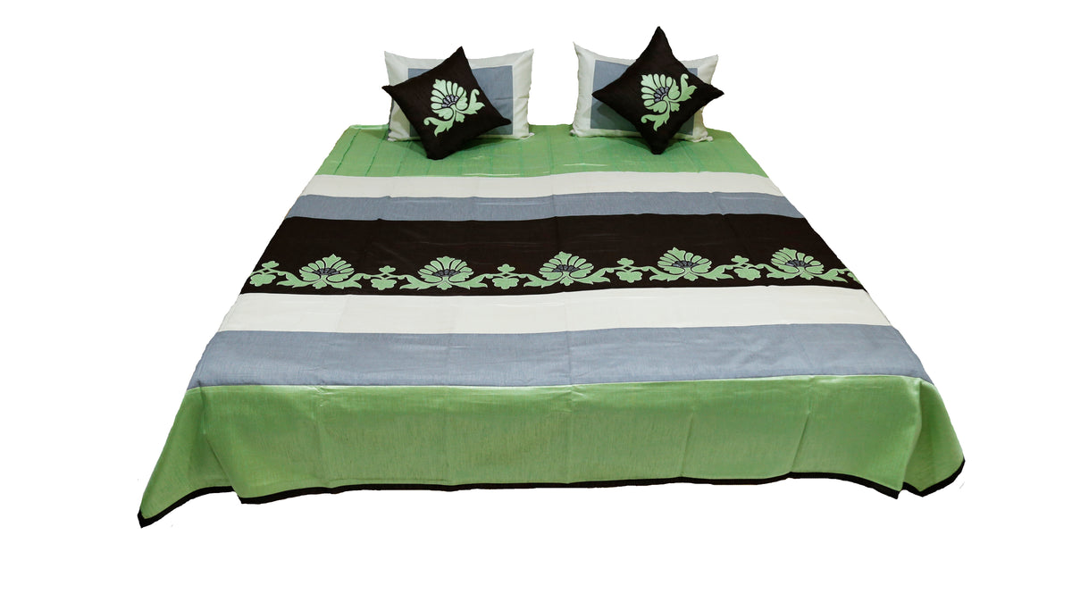 Green, grey, black and cream banded bedcover with a floral appliqué band, Bal Patch