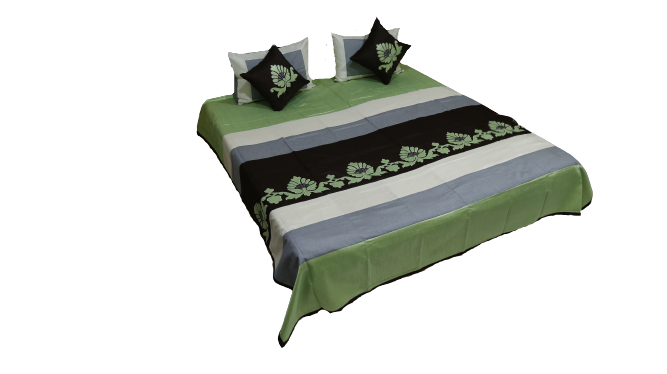 Green and black banded appliqué bedcover seen from the foot, Bal Patch