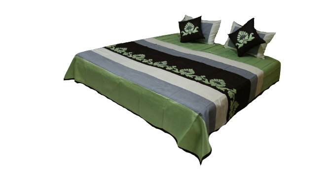 Green and black banded appliqué bedcover made up on a double bed, Bal Patch