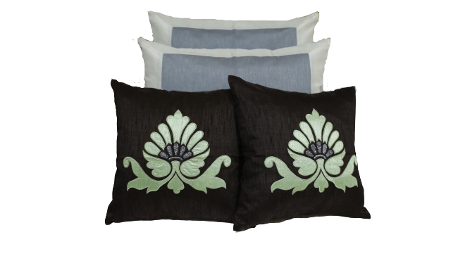 Black cushion covers with a pale green lotus appliqué motif, Bal Patch