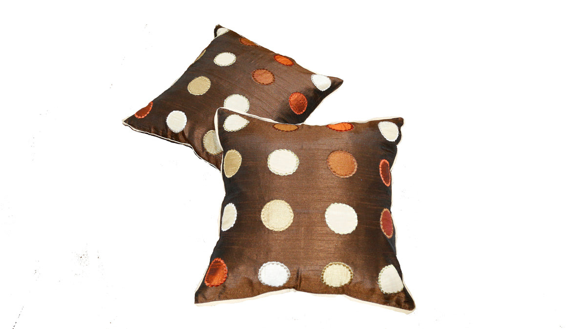 Two brown poly silk cushion covers with cream and rust circles, Circle Design