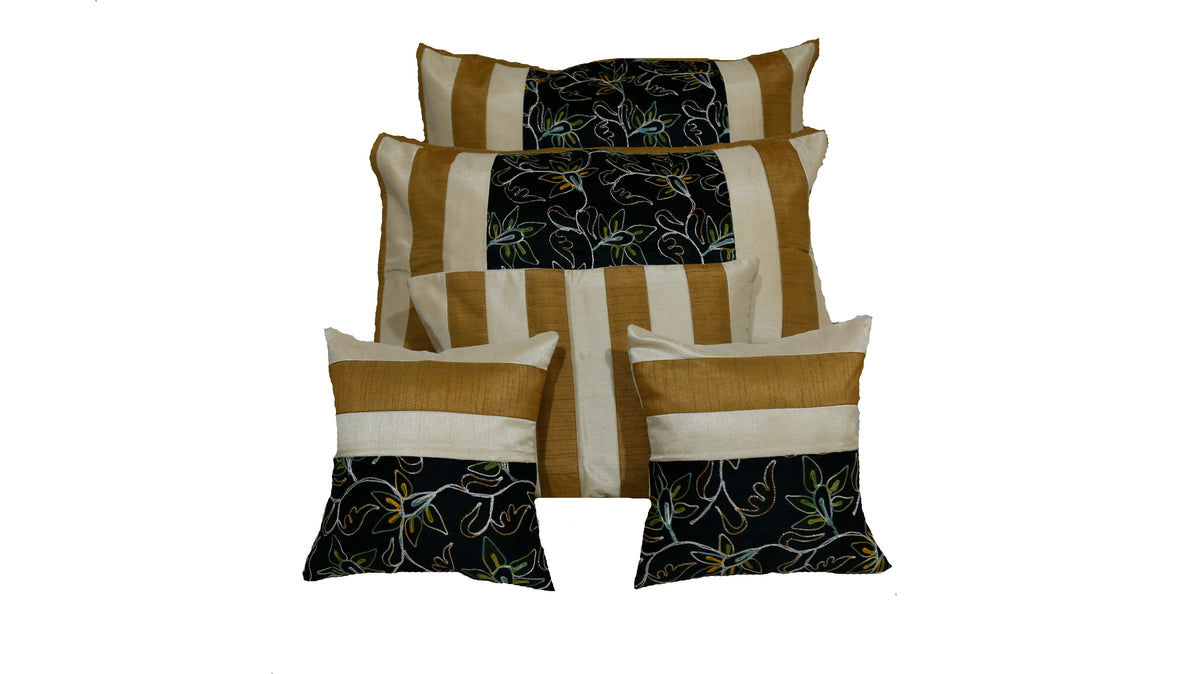 Set of black and cream aari-embroidered cushion covers with a floral vine