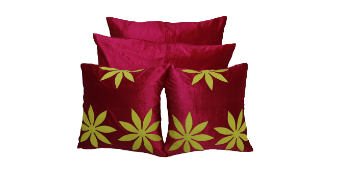 Maroon cushion covers with lime green appliqué flowers, Sued